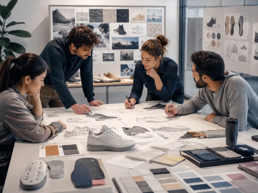 A footwear design team reviews sneaker sketches, prototypes, soles, and material swatches around a studio table.