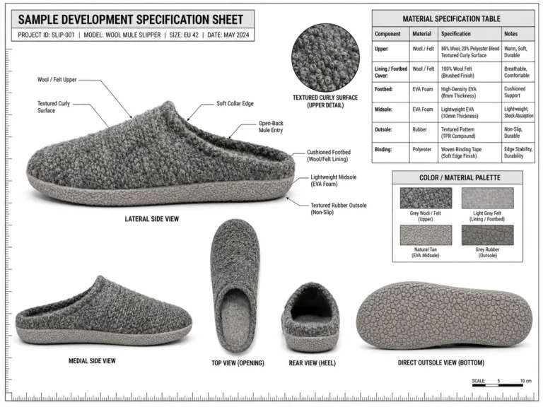 Scheda tecnica delle pantofole con viste e tabella dei materiali da un produttore di pantofole in Cina