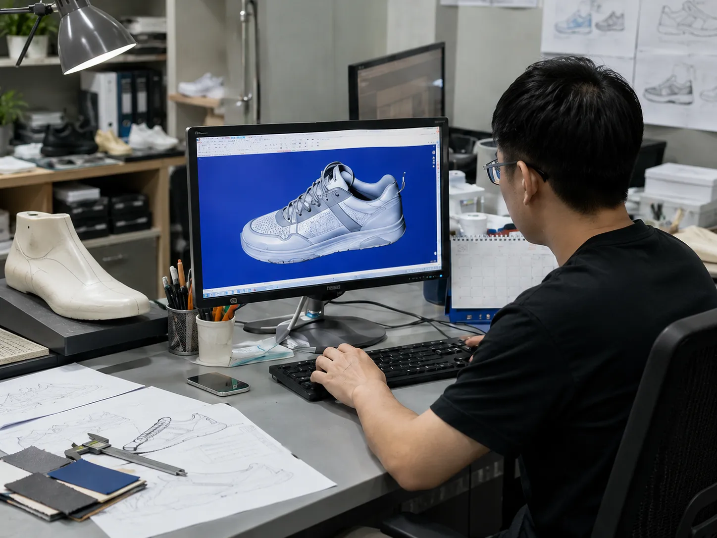 Footwear Technician Creating A 3D Shoe Rendering Next To A Shoe Last
