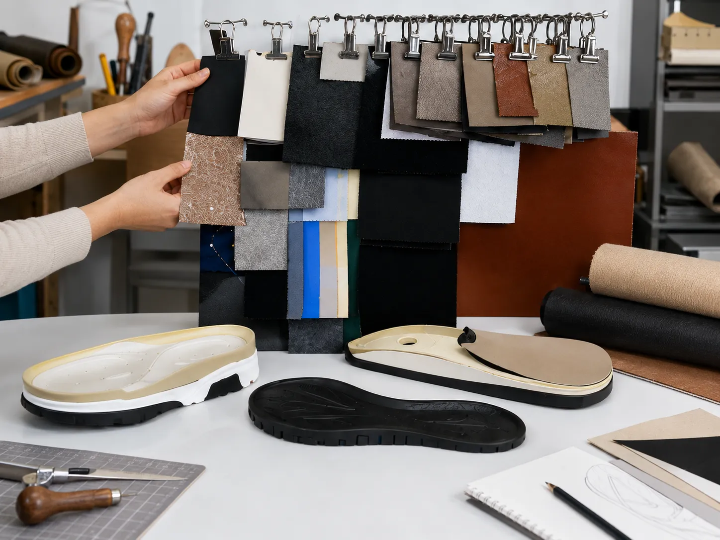 Shoe Upper Material Swatches And Outsole Samples Laid Out For A Bill Of Materials