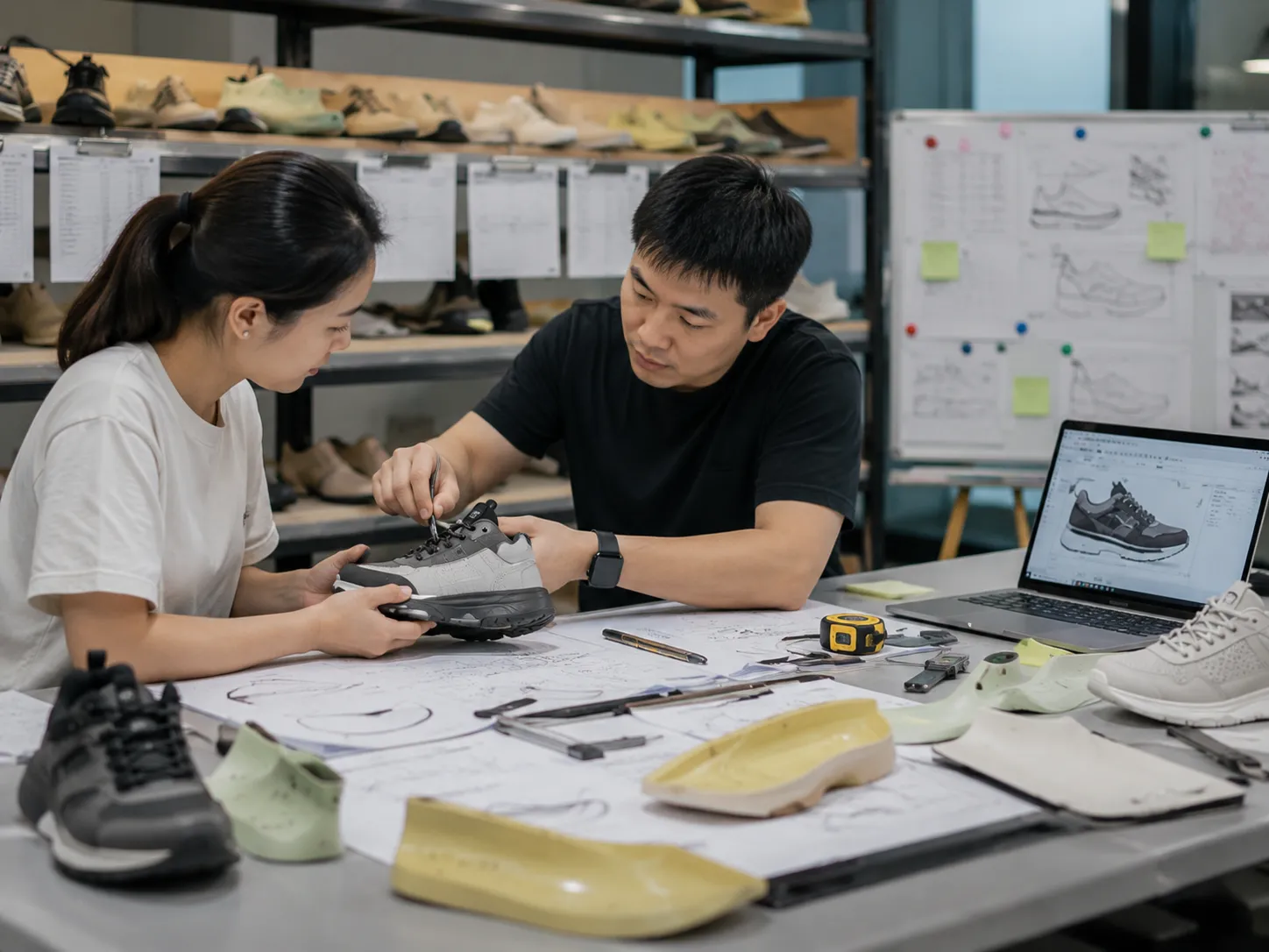 Footwear Developer And Brand Client Reviewing A Trial Shoe Against The Specification