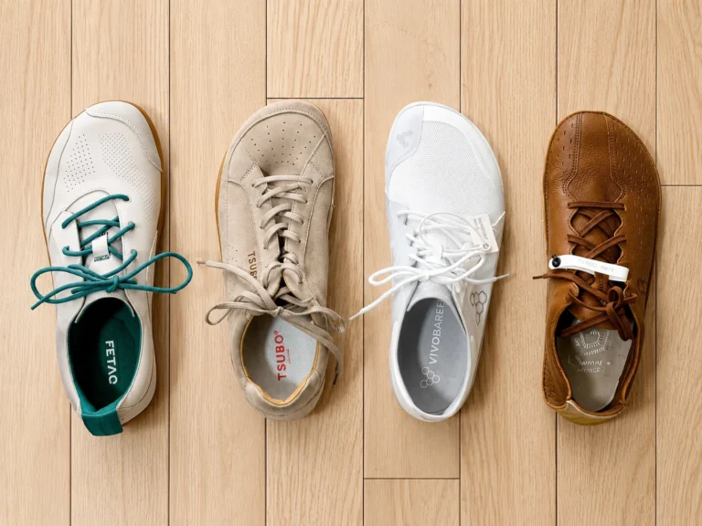 Quatre chaussures minimalistes en cuir, daim et maille