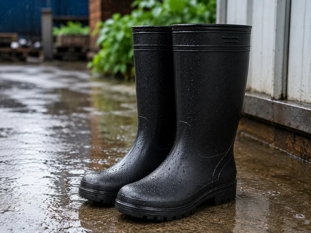 Rainy Black Wellies On Wet Pavement