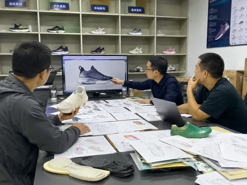 The design team is discussing the design concepts for the shoes.